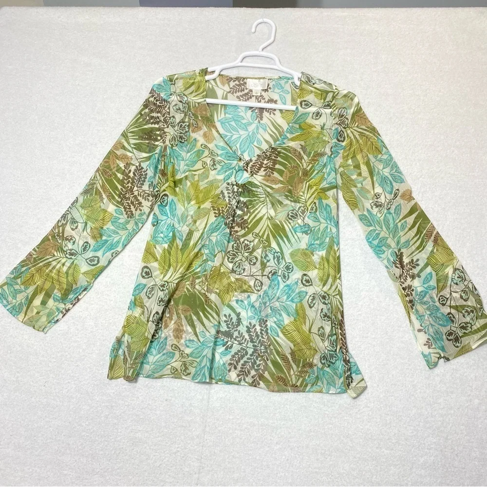 Loft Tropical Hawaiian Floral Top Womens L Green Sheer V Neck Long Sleeve Resort